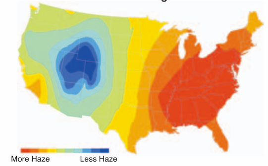 Haze conditions vary across the country. Eastern U.S. areas have more haze due to higher pollutant and humidity levels.